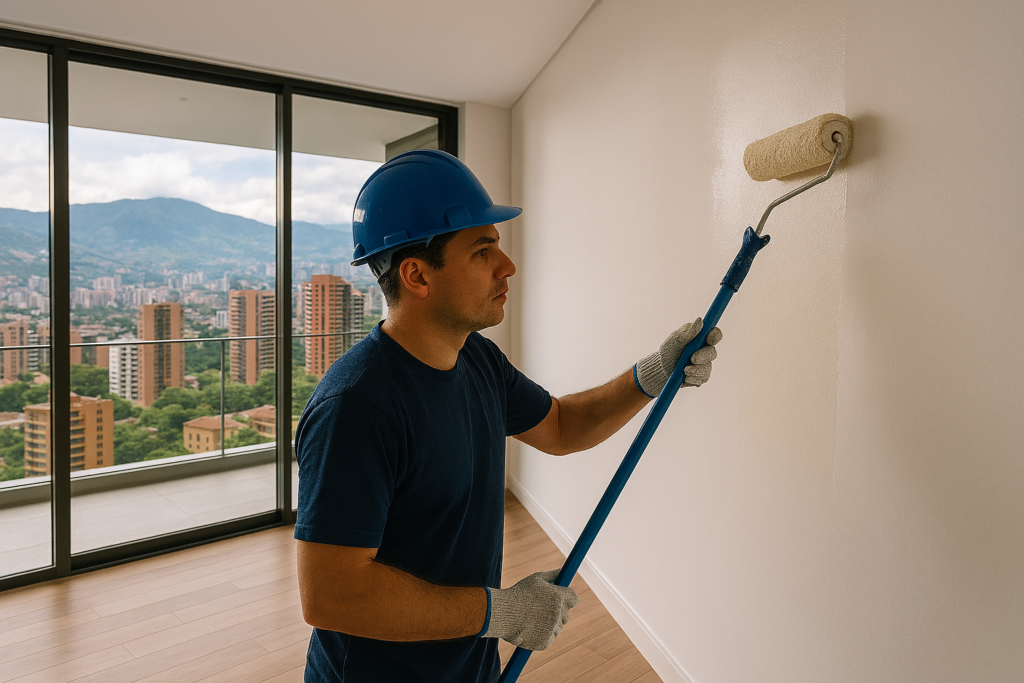 Pintor profesional aplicando pintura en el interior de un apartamento en Medellín, servicio de Soluciones Azur