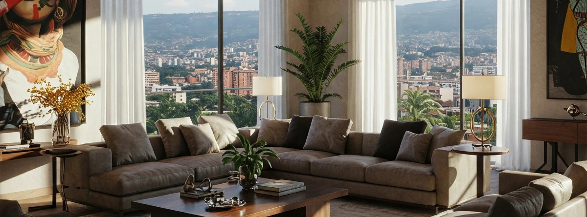 Salón principal de casa lujosa en Medellín, Colombia, con iluminación arquitectónica elegante y lámparas de diseño.