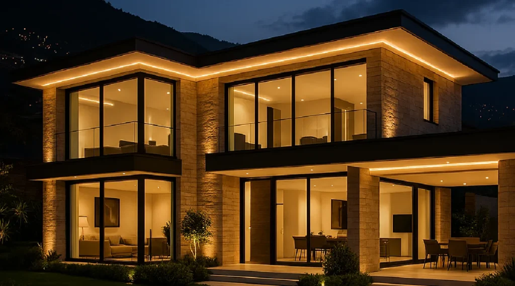 Casa de lujo iluminada con luces LED decorativas en Medellín - Soluciones Azur