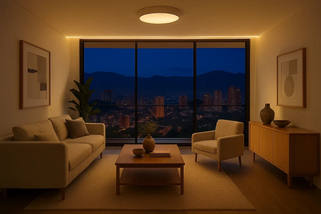 Sala moderna ambientada con luces LED decorativas en Medellín - Soluciones Azur