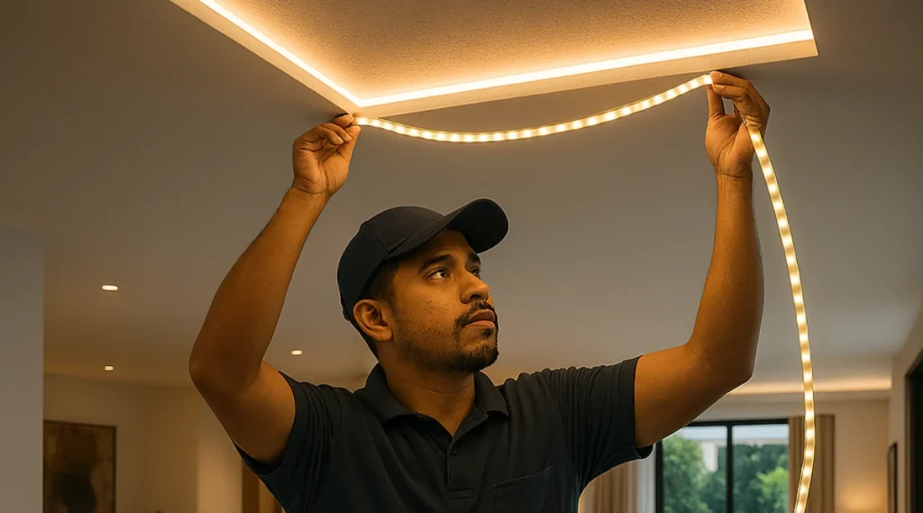 Técnico instalando cinta LED decorativa en apartamento de Medellín para iluminación moderna